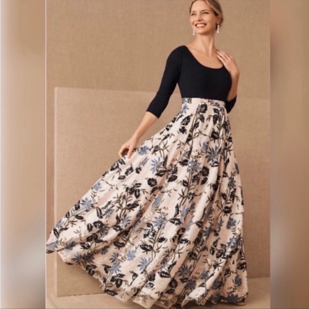 Anthropologie BHLDN Gianni floral 3/4 sleeve sequin floor length gown